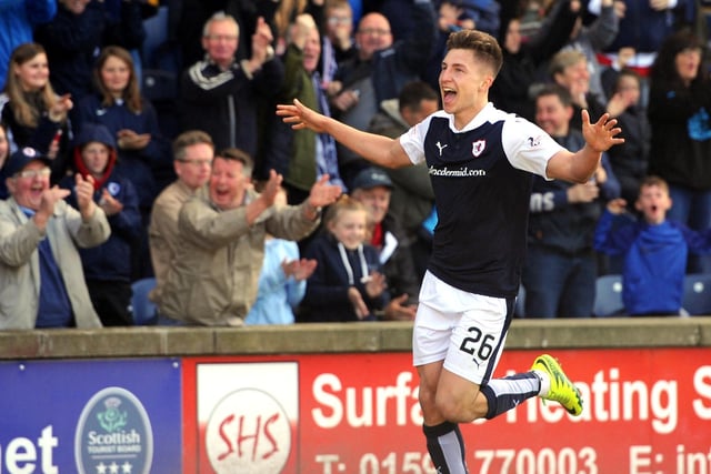 Jonny Court scores his first goal for Raith in a 2-1 win at Stark's Park in May 2017. Declan McManus scored Rovers' second.