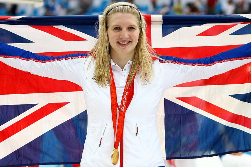 Rebecca Adlington celebrates her record-breaking 800m win.