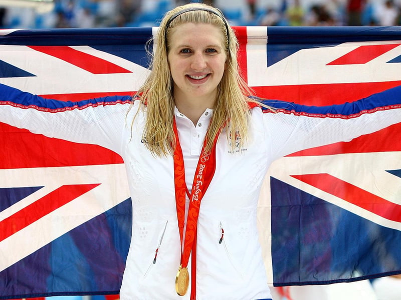 Rebecca Adlington celebrates her record-breaking 800m win.