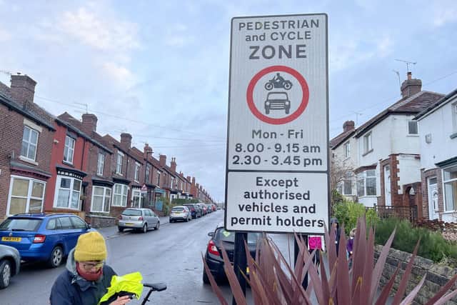 Argyle Road closed off at the start of the School Streets project at Carfield School, Heeley, Sheffield, one of the first four in the city to trial the system last year