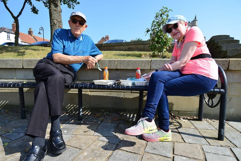 Anthony Quinn, 69, and Patricia Ebblewhite, 64, having their lunch at the Town Square, Headland, Hartlepool.