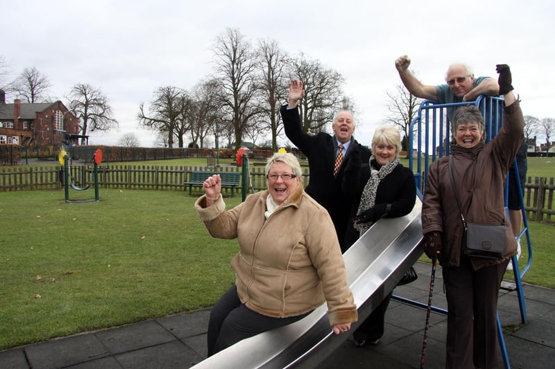 Councillors Bridget Dunks and Keith Lomas, Margaret Arnold, Barbara Allendale and Dave Tann celebrate the £900,000 revamp of Eastwood Park, Hasland in 2011.