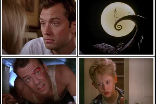 A collage of stills from four of our readers' top 22 Christmas films of all time - The Holiday, Tim Burton's The Nightmare Before Christmas, Die Hard and Home Alone