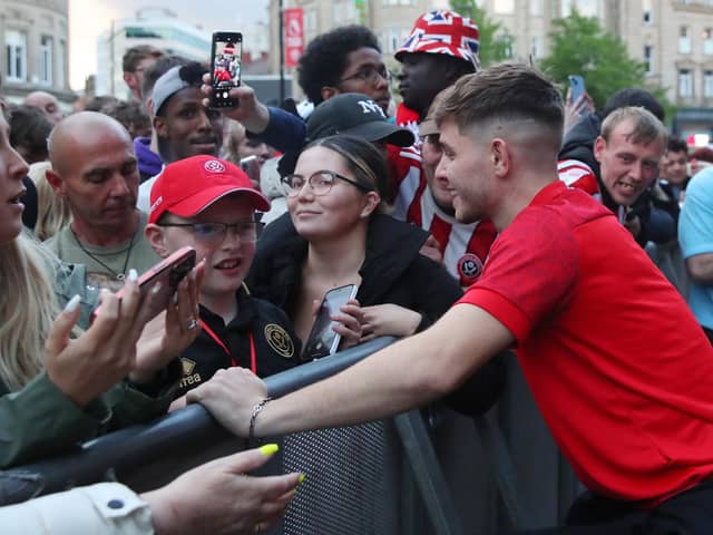 James McAtee meets the Sheffield United fans during last week's promotion party: Paul Thomas /Sportimage