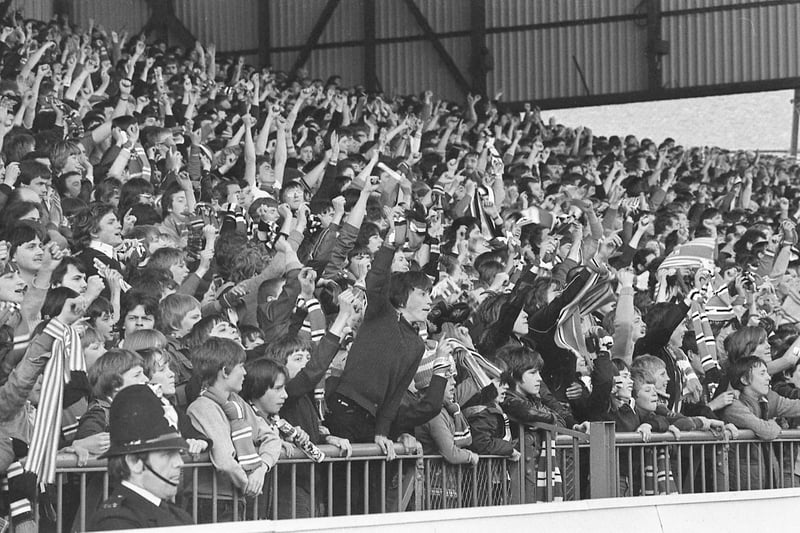 The red and white army in the Fulwell End at Roker Park cheer their heroes to a 1-0 victory over Newcastle United in 1980. Newcastle United? We may come back to them later.