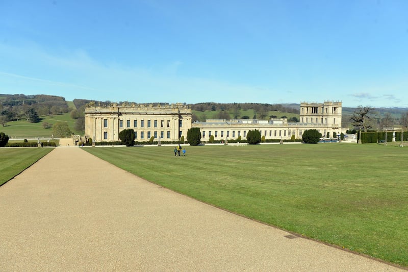 Panoramic view of Chatsworth House and gardens on the day that the grounds reopened to the public.