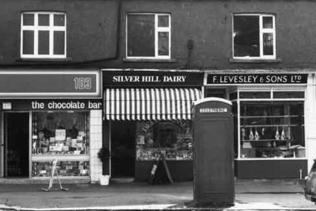 Ecclesall Road South, Sheffield, in 1987, showing The Chocolate Bar confectioners, Silver Hill Dairy delicatessan and Fred Levesley and Sons butchers.