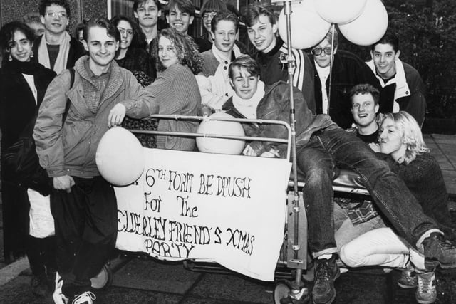 Buxton Advertiser Archive, 1991, New Mills School's sixth formers on their annual bed push which raised money for the pensioners party held at the school