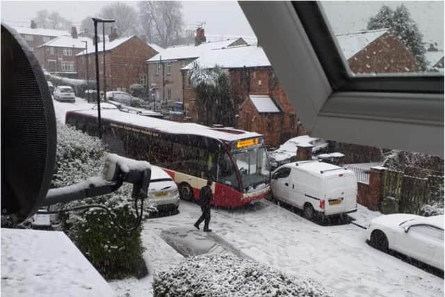 A bus in difficulty in the snow on Laverack Street, Handsworth, this morning