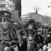 A giant chariot is followed by a smoking volcano as the Sheffield University Rag Day procession wends its way down High Street, in Sheffield city centre, on October 27, 1973