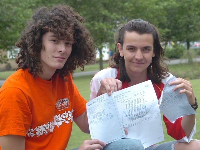 Relief as the wait for A level results is over at All Saints school, on Granville Road, Sheffield. Pictured are Chris Wigg and Simon Gorman.