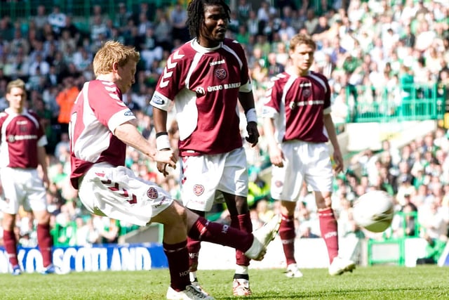 Andy Driver nets a stunning free-kick to put Hearts 2-0 up in a 3-1 victory at Celtic Park which dampened the home side's celebrations having wrapped up the title the week prior.