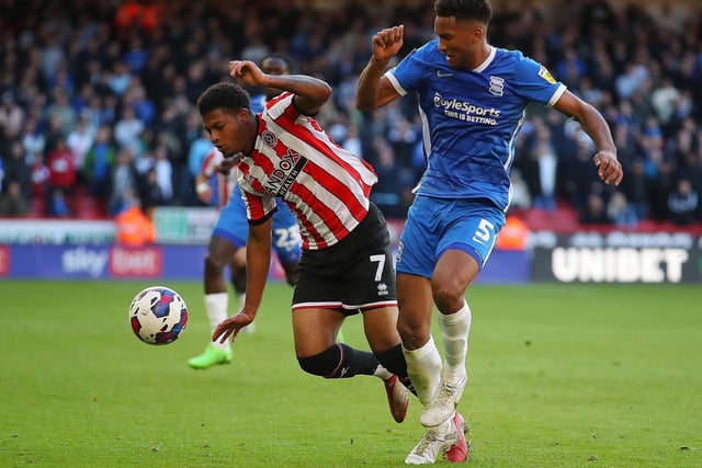 Rhian Brewster of Sheffield United  and Auston Trusty of Birmingham City challenge for the ball: Simon Bellis / Sportimage