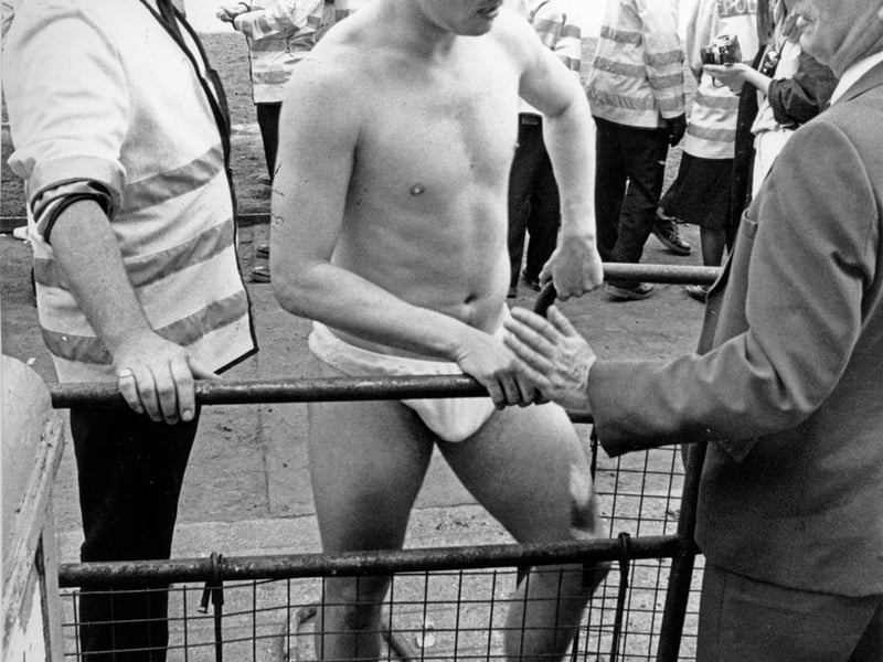 ...and is briefly stopped by an official unaware of his identity!
Sheffield United v Leicester City - 5 May 1990
