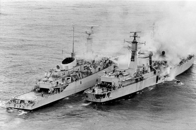 HMS Sheffield 28 May 1982. Twenty lives were lost in a strike by an exocet missile. A type 21 frigate helps to put out fire on Sheffield, however she sank soon after.