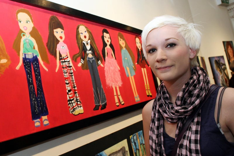 Laura Timmins of Buxton Community College pictured with her work entitled 'Bratz' at the exhibition at Buxton Museum in 2008