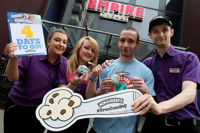 Staff members Jennifer Hargrave, Ami Dixon-Smith, Dan Westgarth and James Briars from Empire Cinemas in Sunderland ahead of the Free Cone Day event in 2015. It helped to raise money for MacMillan Cancer Research.