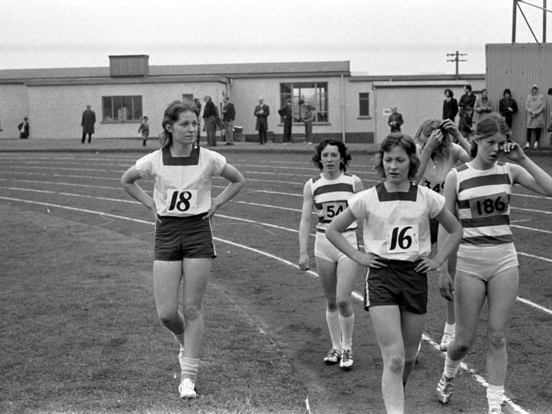 Hillhead High School twins Chrissie McMeekin & Evelyn McMeekin after the 100m final of the Glasgow Corporation Championships, held at Scotstoun in May 1971.