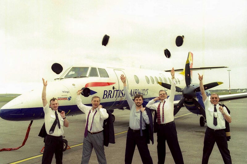 Pictured in 1999 were  flysccity 1st officer Chris Kelly, BRAL Chief Executive Terry Liddiard, Sheffield City Airport MD Jon Horne, BRAL Commercial Director Mike Bathgate &
Captain Doud Baden had a Full Monty moment to launch the new route to Sheffield