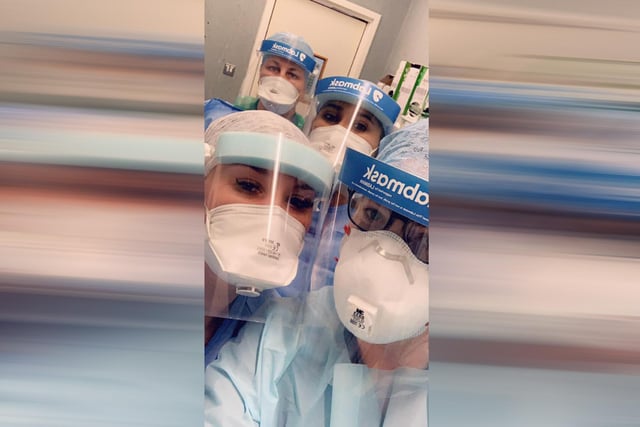 Becca Swales says: "James Cook hospital theatre staff. I am from Hartlepool but love this hospital, we have been spilt into three teams during this pandemic and teamwork is everything"