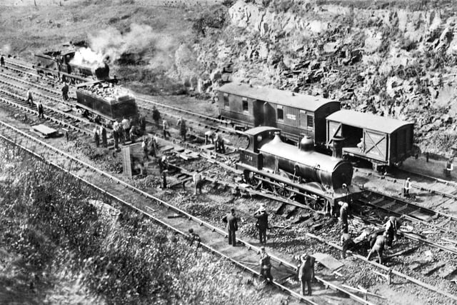 This railway accident in 1919 at Tapton Junction, north of Chesterfield, involved a minerals train and a passenger service. Photo: John Alsop collection.