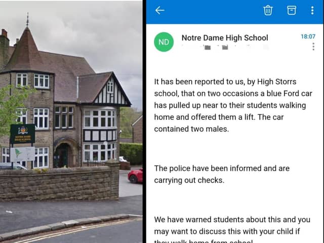Notre Dame High School sent a warning home to parents today about two men reportedly approaching students on their way home and offering them a lift.