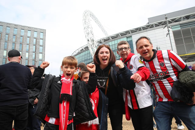 London, England, 22nd April 2023.  Sheffield United fans at Wembley during the The FA Cup match at Wembley Stadium, London.