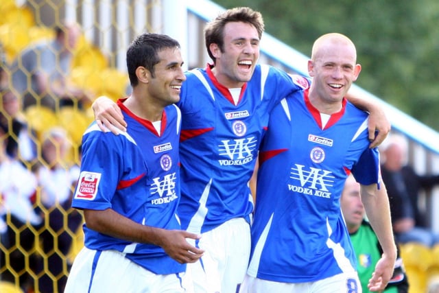 Jamie Lowry celebrates with Jack Lester and Derek Niven during Chesterfield's 3-1 win at Field Mill in September 2007.