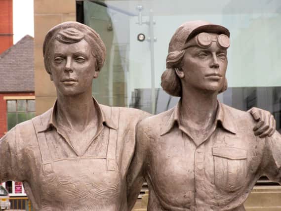 The statue depicting the city's previously unsung wartime heroines, Sheffield's famous Women of Steel, outside Sheffield City Hall