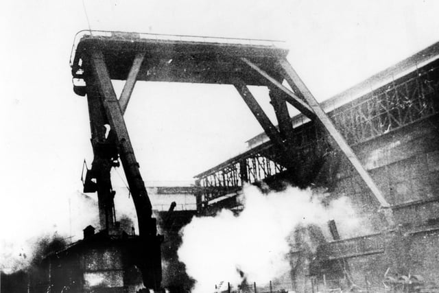 An overhead crane being demolished at the English Steel Corporation River Don Works on Brightside Lane, Brightside, Sheffield on March 27, 1932. Ref no: s09807