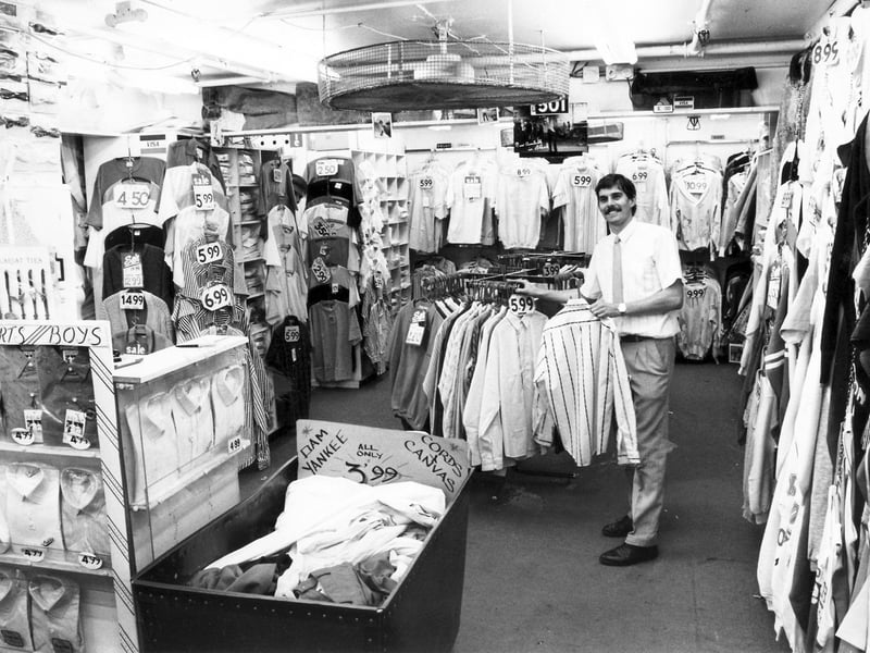 Harrington's men's clothing stall at Sheffield's Castle Market on June 17, 1987