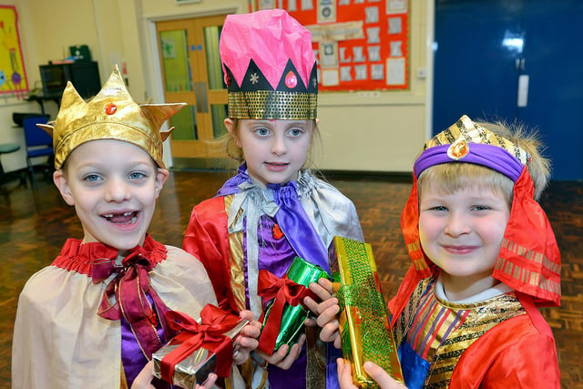 Alan Dolega, Maddison Morrell and Callum Bell from the St. Cuthberts Primary school Nativity play.