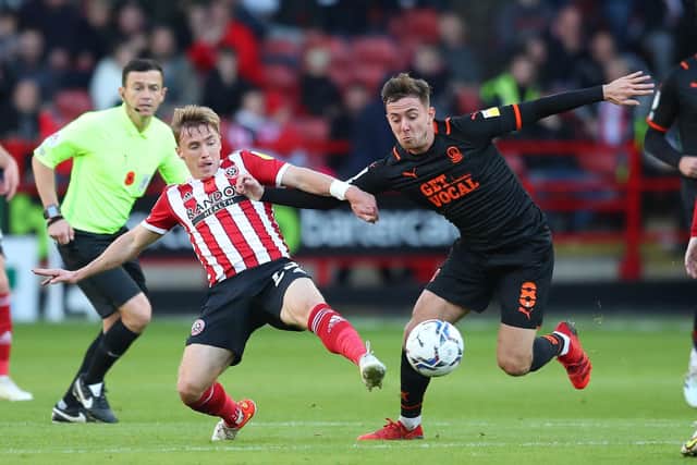 Sheffield United's Ben Osborn, previously of Nottingham Forest, in action against Blackpool at Bramall Lane: Simon Bellis/ Sportimage
