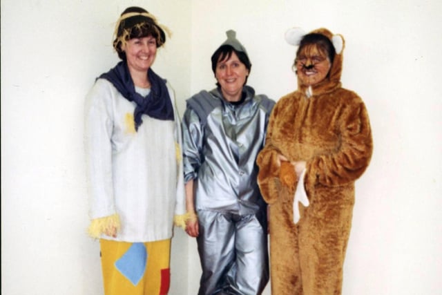 The Bawtry May Flower School Staff on World Book Day in 1999. Scarecrow - Mrs Castle, Tin Man - Mrs Patterson, Cowardly Lion - Miss Hawes.