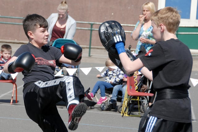 Ben Selby and Oliver Straw, from the M1K Warriors, are pictured during the Kick Boxing demonstration at Hucknall's May Festival.