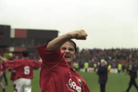 John Hendrie of Barnsley celebrates after Barnsley won promotion to the Premier League in April 1997.