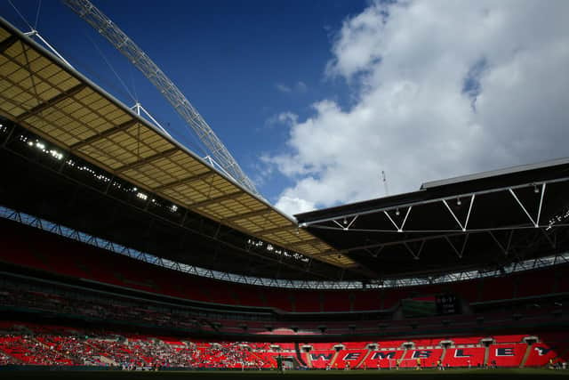 A general view of Wembley Stadium during the Vanarama National League Play Off Final between AFC Fylde and Salford City at Wembley Stadium on May 11, 2019 in London, England. Reports have suggested that 20,000 fans could be accomodated for the FA Cup final. (Photo by Marc Atkins/Getty Images)