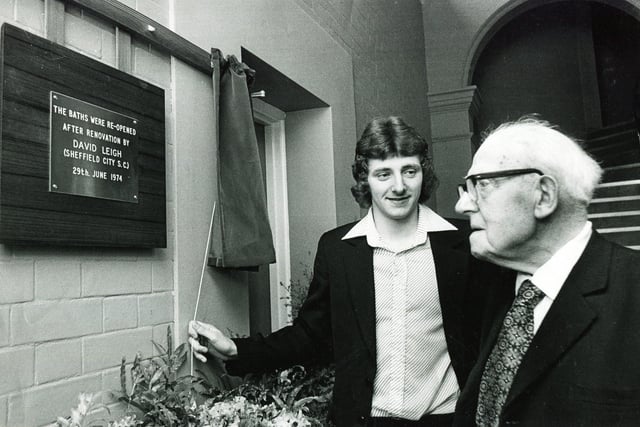 David Leigh of Sheffield City Swimming Club performs the official re-opening of Glossop Road Swimming Baths after its renovation in June 1974