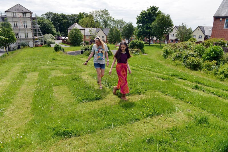 Millie and Lesley Chips  test out the grass labyrinth created by David France.