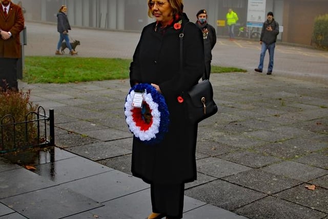 Liz Richardson  presents a wreath on behalf of RAFA - the Royal Airforce Association 
Picture: Melvyn Pearce/Royal British Legion
