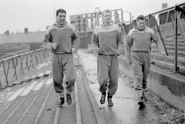 Another view of Len, this time in training with teammates for an FA Cup tie with Wolves in 1955.