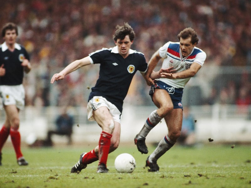 England's Ray Wilkins challenges David Narey of Scotland during a British Championships match at Wembley on May 23, 1981