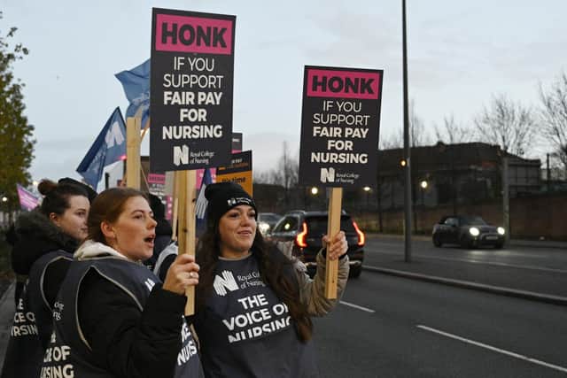Nurses on a picket line outside the Royal Liverpool University Hospital in Liverpool on December 20, 2022. Although three trusts in Sheffield have voted to strike, they will likely not take action until January. (Photo Annabel Lee-Ellis/Getty Images)