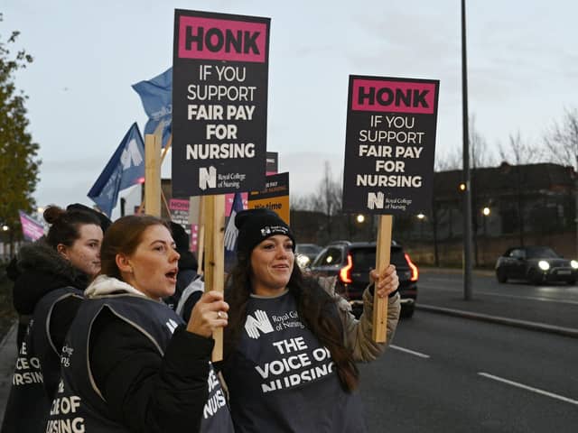 Nurses on a picket line outside the Royal Liverpool University Hospital in Liverpool on December 20, 2022. Although three trusts in Sheffield have voted to strike, they will likely not take action until January. (Photo Annabel Lee-Ellis/Getty Images)