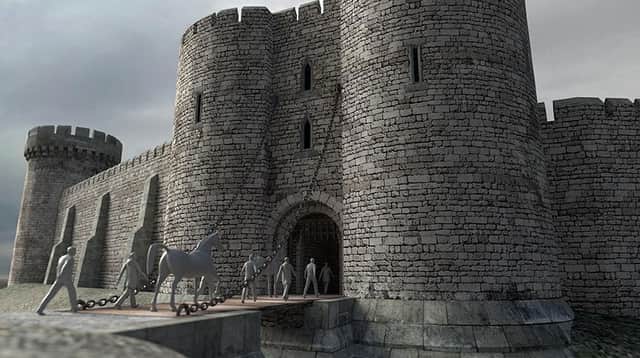 A CGI image by Sheffield University, showing how Sheffield Castle looked in medieval times. The Friends group says the gatehouse could be reconstructed.
