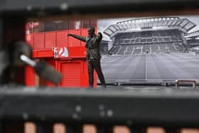 A picture shows the statue of Liverpool football club's late legendary manager Bill Shankly at Liverpool football club's stadium Anfield. Photo by PAUL ELLIS/AFP via Getty Images