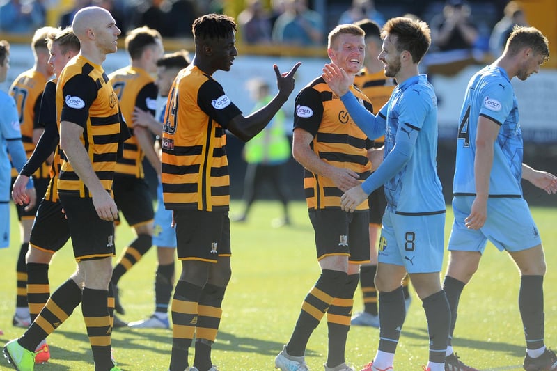 Alloa and Falkirk players at the end of today's game