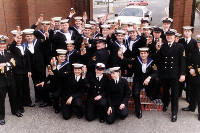 The crew of HMS Sheffield on a visit to Wards Sheaf Brewery, on Ecclesall Road, Sheffield, during their visit to the city in April 1994.