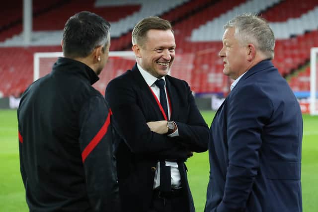 Chris Wilder talks with Sheffield United chief executive Steve Bettis at Bramall Lane: Simon Bellis / Sportimage