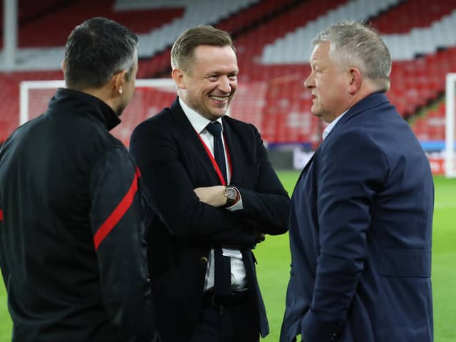 Chris Wilder talks with Sheffield United chief executive Steve Bettis at Bramall Lane: Simon Bellis / Sportimage